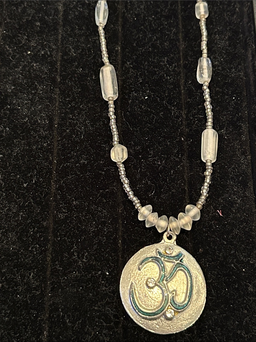 Silver OM Pendant Necklace with Frosted Beads - Spiritual Women's Jewelry